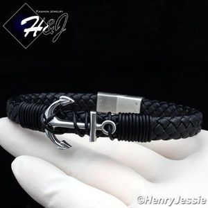8.25"Black/Silver Anchor Braided Leather Bracelet